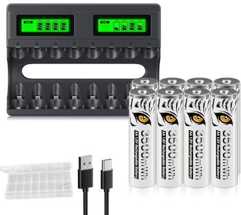 Mspalocell Pack of 8 Lithium AA Rechargeable Batteries With 8-Slot USB C Type-C Charger - LCD Intelligent Quick Charging for 1.5V AA
