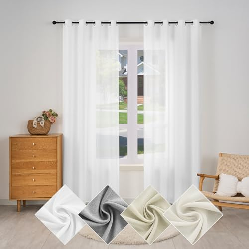 WOLTU Gardine mit Ösen, Vorhang für Wohnzimmer Schlafzimmer, Leinenoptik, Halbtransparent, modern, 135 x 175 cm, Weiß