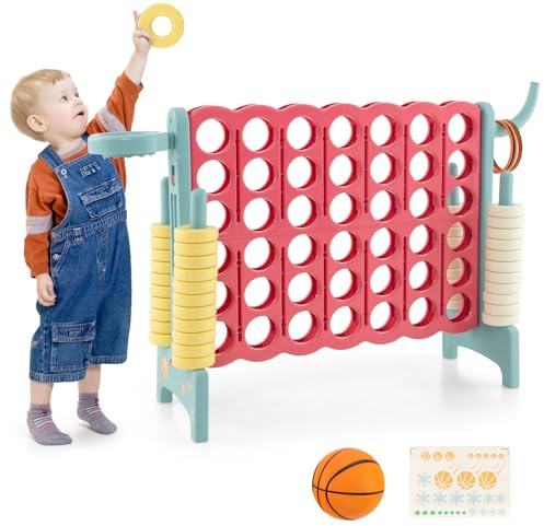 GOPLUS Riesiges 4 Gewinnt Spiel, Strategiespiel mit 42 Ringen, Basketballkorb & Wurfspiel & Schnellspannhebel, 4 in Einer Reihe für Kinder & Erwachsene (Hellblau + Pfirsichrosa)