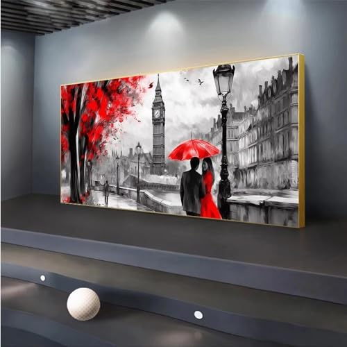 Diamond Painting London Malen Nach Zahlen Erwachsene 5D Diamant Painting Bilder Kinder DIY Diamond Art Roter Regenschirm Dimondpaintin Groß XXL Full Drill Stickerei für Home Wanddeko Gifts 70x163cm