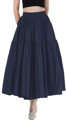 BEAUTELICATE Gonna Cotone Donna Vintage Pieghettato Midi Gonna A-Linea Lunga Gonna Estate Tinta Unita Vita Elastica S-XXL (Blu Navy,S)