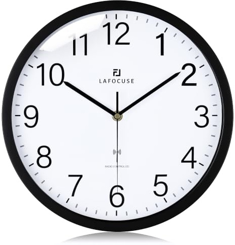 Lafocuse 30cm Wanduhr Funk Ohne Tickgeräusche Lautlos, Funkuhr Küchenuhr Schwarz für Wohnzimmer Schlafzimmer Büro Küche
