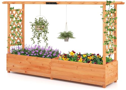 GiantexUK Raised Garden Bed with Arch Trellis, Wooden Garden Planter Box with Drainage Holes, Climbing Plants Vines Vegetables Herbs Flower Pots Grow Box for Patio Backyard (Orange, 200x44x114cm)