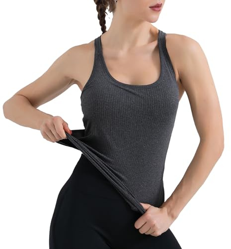 SHEKINI Damsportlinne, topp med integrerad behå utan bygel, ärmlös, ribbad undertröja, bh-skjorta, basic, andas, yoga, fitness, skjorta, sommar, racer, rygg, topp, crop topp, yoga-bh, svart, M
