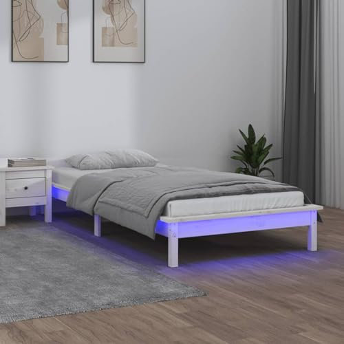 AJSEOYBS Bettrahmen,Bettlattenrost,Plattformbett,Massivholzbett mit LED-Beleuchtung Weiß 100x200 cmGeräuschlos,Geeignet für Schlafzimmer Leicht zu installieren
