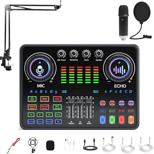 Computer Live Sound Card, Podcast Sound Board, with 48V Phantom Power+2400mAh Battery, 3 Custom Buttons, Mobile And Computer Compatible, DJ Equipment for Beginners,1