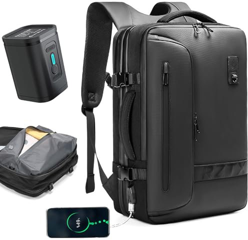 Quincry Vacpack Sac à dos extensible avec système de compression scellé pour voyage, sac à dos gonflable de 50 l, Noir avec pompe à air, Large, Moderne, compact
