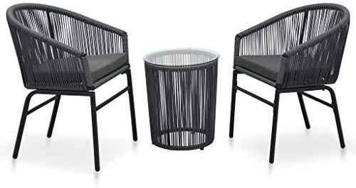 Homgoday Bistro-Set 3-teilig mit Kissen aus Polyrattan grau, Möbel, Tisch und Stühle für den Außenbereich, Gartenmöbel, Gartenmöbel-Set