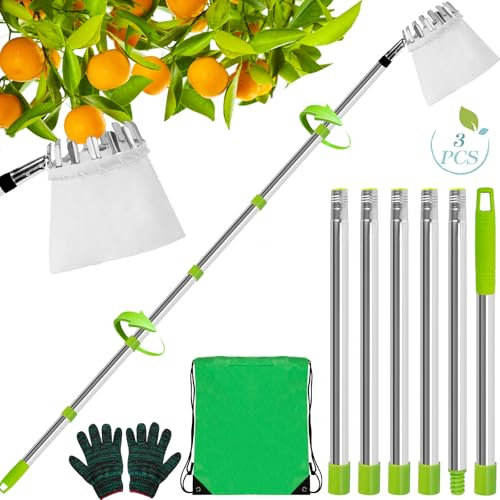 NZZVNZ Cueille Fruit Telescopique, Cueille Fruit avec Sac, 2.4M Cueilleur de Fruits Amovible, 160mm de Diamètre, Ramasse Fruit en INOX avec Gants pour la Récolte des Pommes, Oranges, Pêches et Cerise