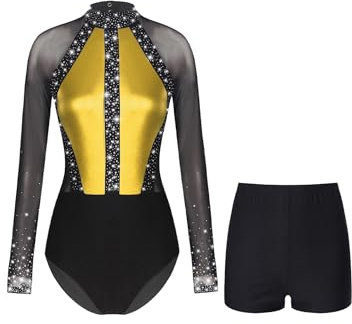 JEATHA Damen Metallic Langarm Ballett Tanz Trikot Leotard mit Gymnastik leggings Set Glänzende Ballettanzug Turnanzug Eiskunstlauf Anzug Gold L