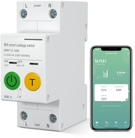 eMylo WIFI Energy Monitor, Smart Circuit Breaker Dispositivo de protección contra fugas 100 mA, AC 220V 63A 1P+N DIN Rail Switching Power Consumption Monitor, TUYA Smart Life APP Remote Control,