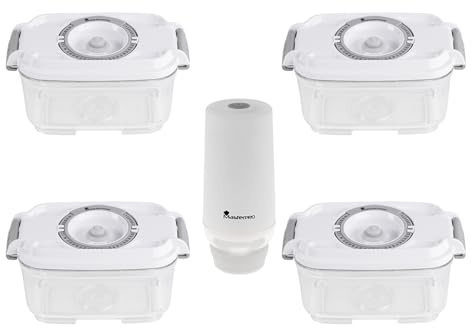 MasterPRO Set 4 contenitori sottovuoto 500ml + estrattore sottovuoto elettrico, conservazione alimenti, congelatore e microonde, BPA Free, made in EU