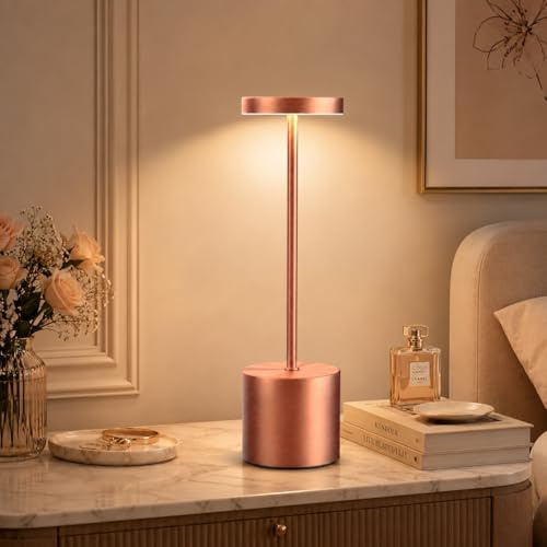 AUDLES Cordless Table Lamp, 5000mAh Rechargeable Lamp with Touch Control & Stepless Dimming, 3 Light Modes, IP54 Waterproof Portable Light for Dining Table, Patio, Bathroom, Power Outage (Rose Gold)