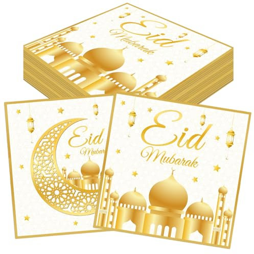 CharmBurst 40 Pezzi Ramadan Tovaglioli, Eid Mubarak Ramadan Decorazioni, Oro Bianco Tovaglioli per Ramadan Decorazioni Tavola, Eid Mubarak Decorazioni Spargere, Ramadan Kareem Tovaglioli