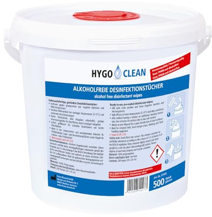 1 Stück Hygoclean Desinfektionstuch alkoholfrei | PP, 500 Stück, blau, L: 20cm, B: 23,5cm, Spendereimer, Schnell-Desinfektionstücher in Spenderdose, Reinigungstücher