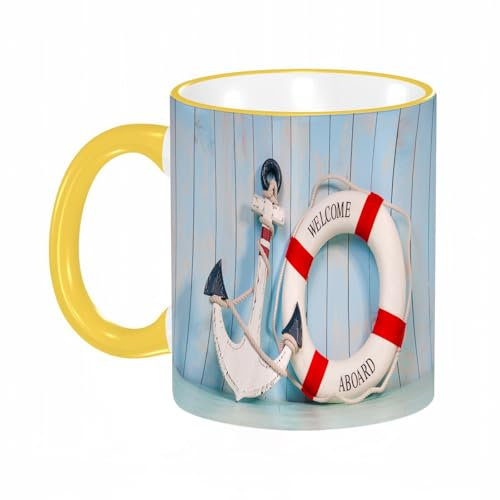 YOIUE Tasse aus Keramik - Große 11oz Tassen 330ml Kaffeetassen mit Henkel, 100% Handbemalt - Trinkgläser mit Griff - Weiß,Anker und Rettungsring auf einem Hintergrund aus weißen, schäbigen Wandbrette