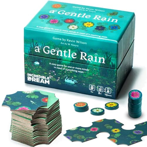 Ett skonsamt regn – lugnande pusselspel med kakelläggning – mindful solo, 2-spelare eller kooperativ lek på 15 minuter – soft-touch-plattor och träblommor – kompakt, presentbart, familjevänligt