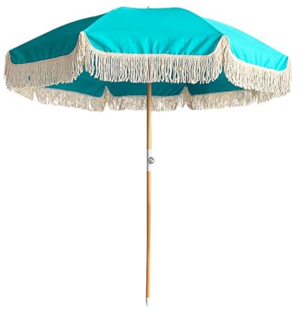 Grand parasol de plage avec franges, 200 cm, avec protection UV, inclinable et imperméable, 8 baleines, pour extérieur, jardin, balcon, terrasse, piscine, élégant et fonctionnel (couleur), bleu