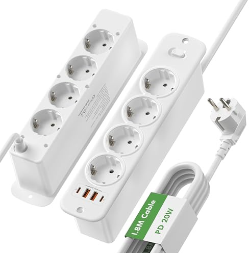 Einbau Steckdosenleiste 8fach mit USB C PD 20W und Schalter, Versenkbare Steckdose mit 4 USB Ports, Einbausteckdose für Tischplatte Arbeitsplatte Möbel, Doppelseitige Steckdosenleiste - Weiß, 2M Kabel
