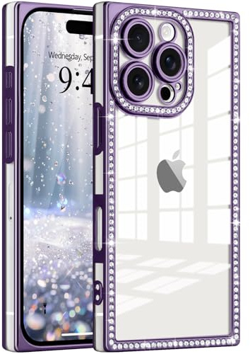 ROSEHUI Glitter Case for iPhone 16 Pro Max,Clear Rectangle Electroplated Sparkle Bumper with Bling Rhinestones Phone Case for Women,Sparkly Diamond Camera Protection Soft Slim TPU Cover-Purple
