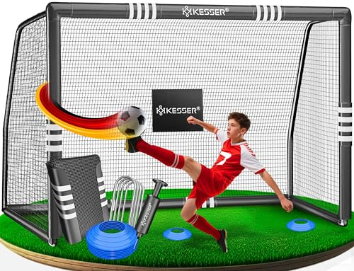 KESSER® Fußballtor – Hochwertiges Fußballtor 300cm, Training Schusstraining UV-beständigem Netz, Stahlrahmen mit Polsterung, Erdhaken, Luftpumpe, Hüttchen, Montagezubehör für Kinder und Erwachsene