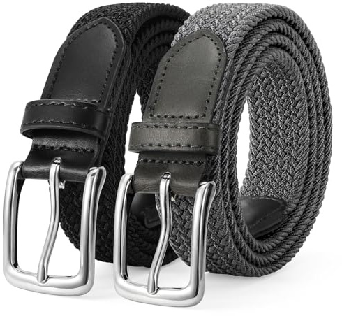 LEACOOLKEY 2 Pack Men’s Braided Elastic Belts Casual Stretch Woven Golf Belts for Jeans Pants, Black+Grey with silver buckle 1.18 wide