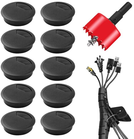 Kabeldurchführung Schreibtisch & Kabelschlauch Schwarz Set – 10× Kunststoff Kabeldurchlass 60 mm inkl. 1× Lochsäge + 3 m selbstschließender Kabelschlauch + Kabelclips