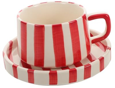SOIMISS Set Tazze da Caffè in Ceramica a Righe Piattini, Tazzine da Cappuccino e Tè per Ufficio, Design Creativo Rosso per Latte Art e Uso Quotidiano