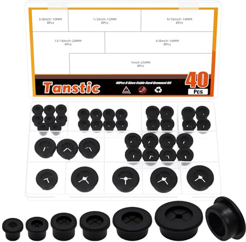 Tanstic 40Pcs Black Cable Cord Grommet, 10/12/14/16/20/25mm Flexible Rubber Grommet Wire Hole Cover for Desk, Table Wire Organizer