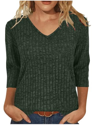 Générique Pull Femme Chic et Élégant Manches 3/4 Tunique Pullover Col V Décontractés Léger Couleur Unie Haut Automne Hiver Confortable Chaud Doublé de Polaire Mode Blouses 2025