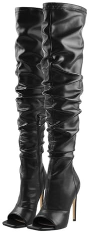 Over the Knee High Slouch Boots for Women with Zipper Open Square Toe Spikes Stilettos Pleated Tall Boots Ruched Self-tie Long Shaft Thigh High Booties PU Leather Black Gladiator Sandals Size 4