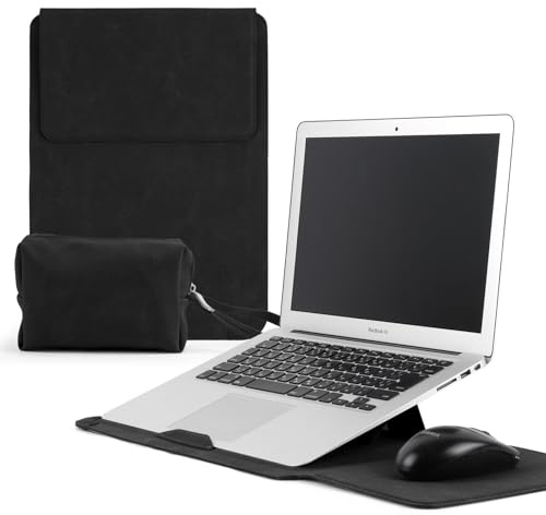 KiimLaa 15-16 Zoll Laptop Sleeve Laptophülle mit Standfunktion für MacBook Pro 16 M5/M4/M3/M2/M1/Max, MacBook Air 15 Zoll, Gefrostet PU Leder Magnetischer Laptoptasche für HP, Dell 15-16(Schwarz)