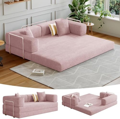 Divano Letto trasformabile in Velluto a Coste Pieghevole in Tessuto divani Senza Osso da 198 cm con Struttura Fissa e braccioli a L per Soggiorno, Camera da Letto, Rosa
