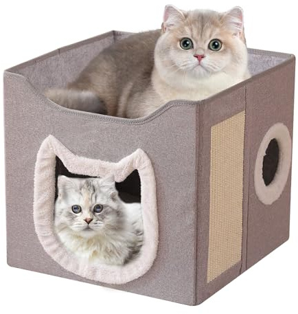 FmtwPhn Katzenhaus Für Den Innenbereich | Klappbares Haustierhaus Hundezwinger Wohnung - 2-stöckige Große Warme Ruhehöhle Versteckbett Mit Ball und Kratzbrett,Für Katzen Hunde Haustiere Indoor Outdoor