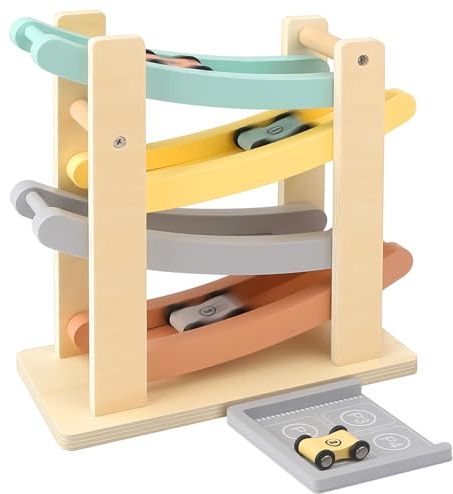 Toddler Race Track Montessories Toys with 4 Cars and a Car Garages, Birthday for Kids 1 2 Years
