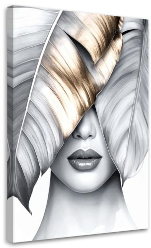 Feeby - Impression sur Toile - Deco Tableau Murale Intissé - Femme et feuilles de bananier - 30x45 1partie - Photo Peinture - Pour Chaque Pièce de Votre Appartement