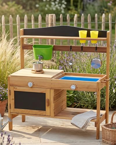 FRIEDO Matschküche Kinder Outdoor mit Schutzlasur, Ofen und Zubehör-Set | Inkl. 1,2 L Wasserspender, Topf und Pfanne, lasierte Gartenküche wettersicher, Sommer Kinderküche für den Garten