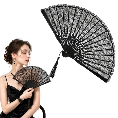 SUPVOX Black Lace Folding Fan - Pocket Silk Handheld for Women & Bridal Wedding - Vintage Chinese Style Accessory for Dancing, Tea Party, Church & Costume