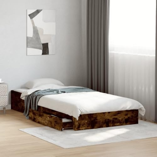 YunCangg Bettgestell mit Schubladen Räuchereiche 90x200cm Holzwerkstoff mit robusten Sperrholzlatten und praktischem Stauraum für Schlafzimmer, modernes Design, inklusive 4 Bettschubladen
