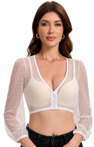 Trachtland Blusa Dirndl para Mujer de Manga Larga, Estilo Tradicional Oktoberfest Transparente, con Escote en V, Botones y Lunares Blancos Talla 34-44