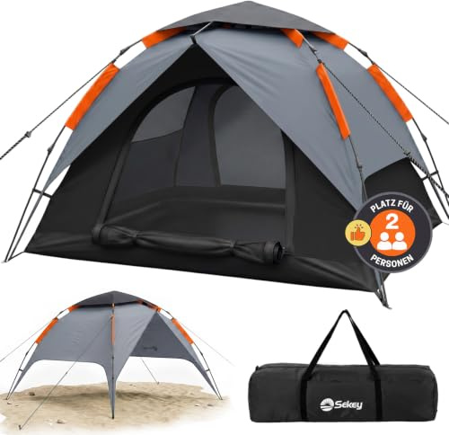 Sekey Pop Up Zelt 2 Personen, 2-in-1 Campingzelt mit Innenzelt oder Strandzelt ohne Innenzelt, Schnellaufbau Automatik Zelt Wasserdicht PU3000 UPF50+, Grau