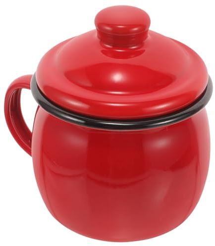 VALICLUD Roter Emaille Kürbisbecher 580ml mit Deckel für Zuhause | Praktisch, Angenehm zu Halten, Ergonomische Form, Schlichtes Design, Dekorativ und Schön, Mikrowellengeeignet