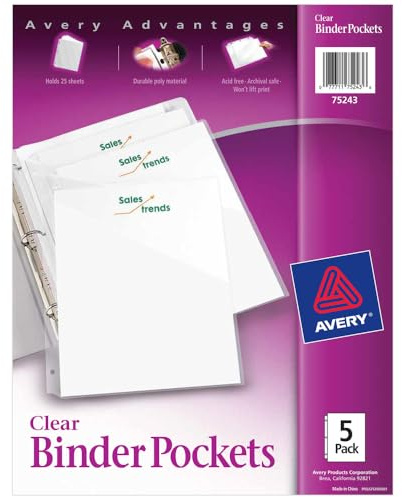 Avery Binder Pockets for 3 Ring Binders, Clear, for 8.5 x 11 Documents, Acid-Free and Archival-Safe, 5 Binder Folders Total (75243)