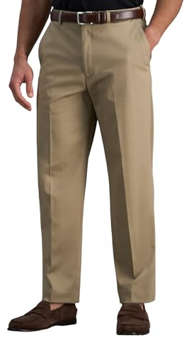 Haggar mens Premium No Iron Khaki Classic Fit Expandable Waist Flat Front Pant, British Khaki, 34x32