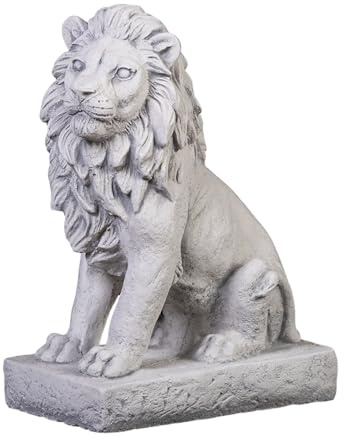 gartendekoparadies.de Löwe Torwächter Steinfigur, H. 34 cm, 25 x 14 cm, 10 kg, Grau, Frostsicher aus Steinguss für Außenbereich (Links)