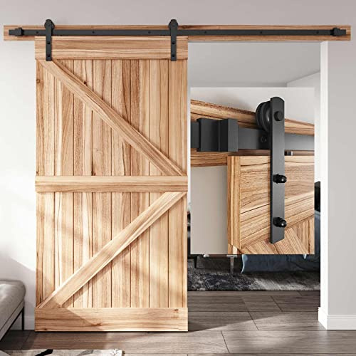 8 FT Sliding Barn Door Hardware Track Kit,Carbon Steel,Black Powder Coating,I Shape Hanger?8FT Single Door Kit?