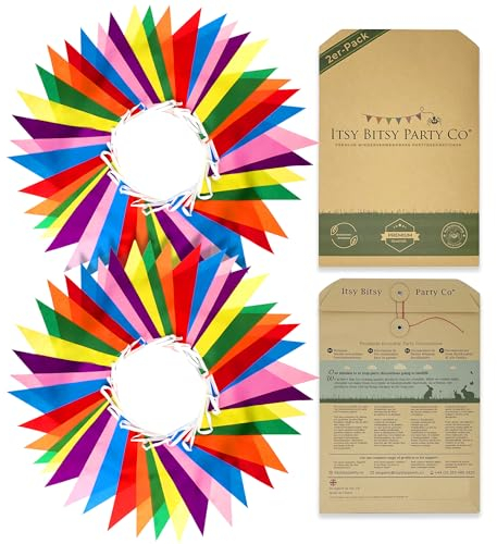 Guirnalda Banderines Fiesta Reutilizables - Arcoíris Decoración Exterior/Interior Tela Poliéster Impermeable 84 Banderas Vivas Banderolas 28m, 2 Unidades, de Itsy Bitsy Party Co.