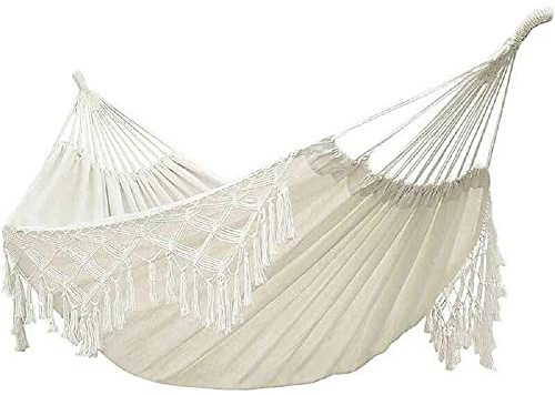 YFUG GO Double Sized Boho Macrame Cream Hammock with Elegant Tassels and Fishtail Knitting 485Lbs Includes Tie Ropes and White Drawstring Bag for Women