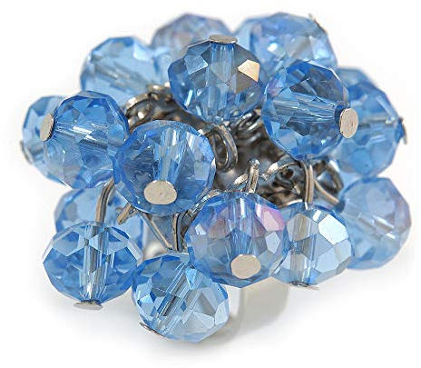 Avalaya Bague grappe de perles de verre bleu ciel en métal argenté - Réglable 7/8, Verre