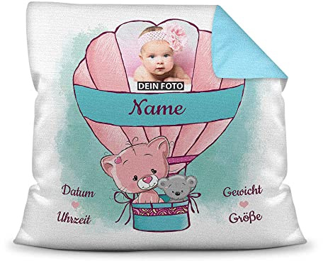Kissen mit Füllung - mit Geburtsdaten personalisieren - Babygeschenk für Mädchen, Geschenk zur Geburt oder Taufe, Geburtskissen, Namenskissen fürs Baby I Farbkissen Rückseite Hellblau, 40x40 cm